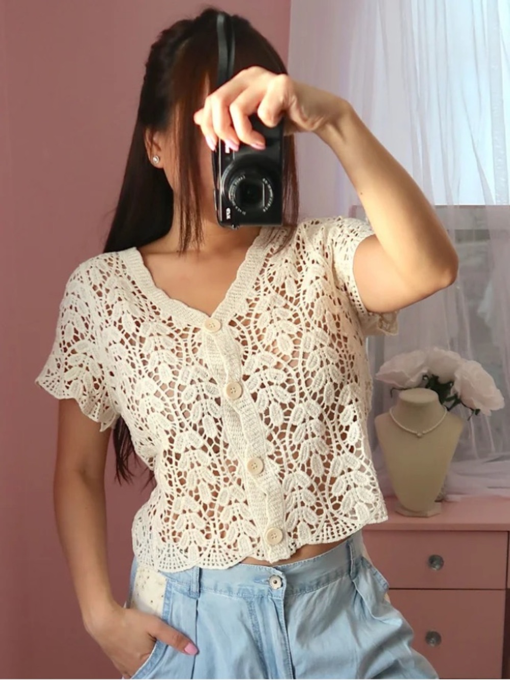 Cream Crochet Button-Front Women's Top